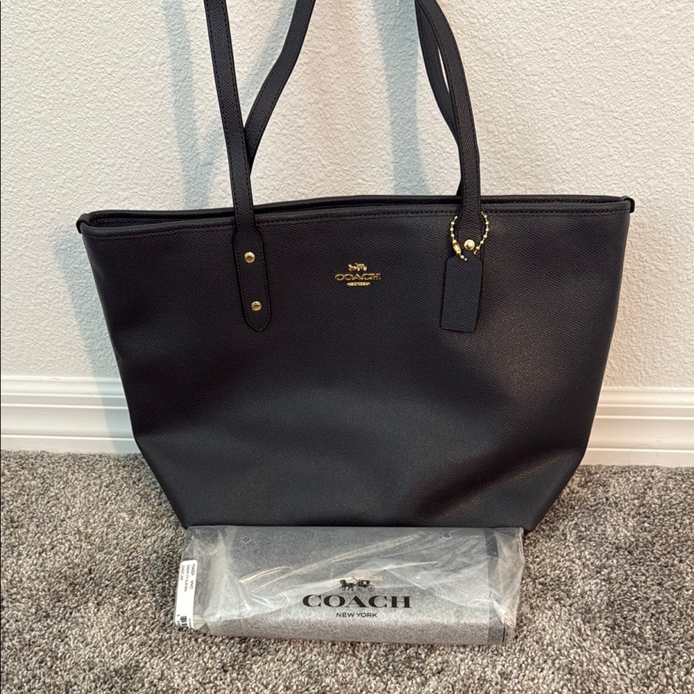 Coach Black Leather Tote with Gold Accents